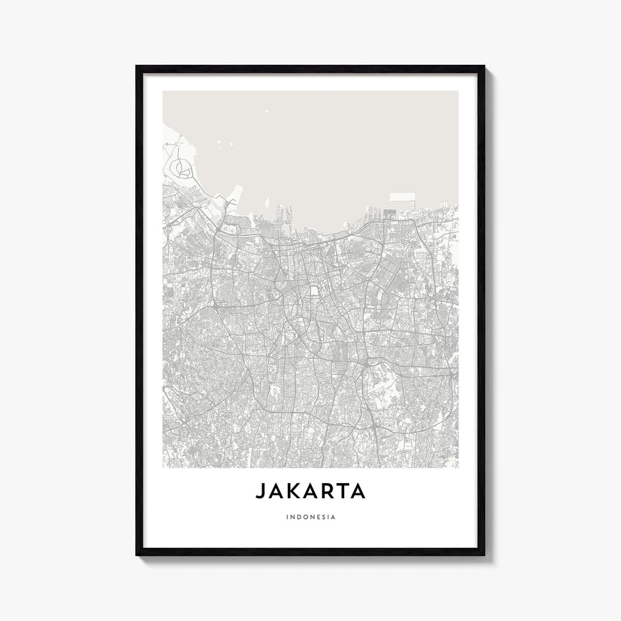 Jakarta black & white map poster of Indonesia – vertical wall art, unframed print shown in interior mockup