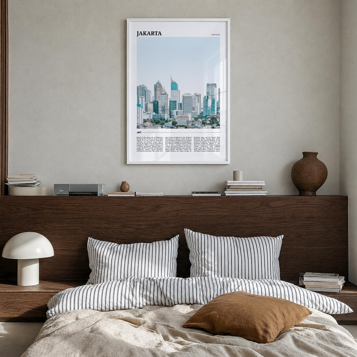 Jakarta colorful travel poster of Indonesia – vertical wall art in white wood frame, hanging on wall