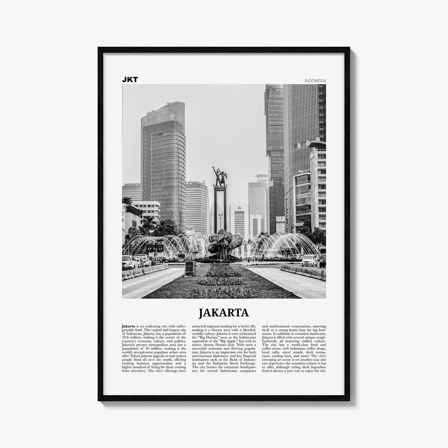 Jakarta no. 1 black & white newspaper poster of Indonesia – vertical wall art, unframed print shown in interior mockup