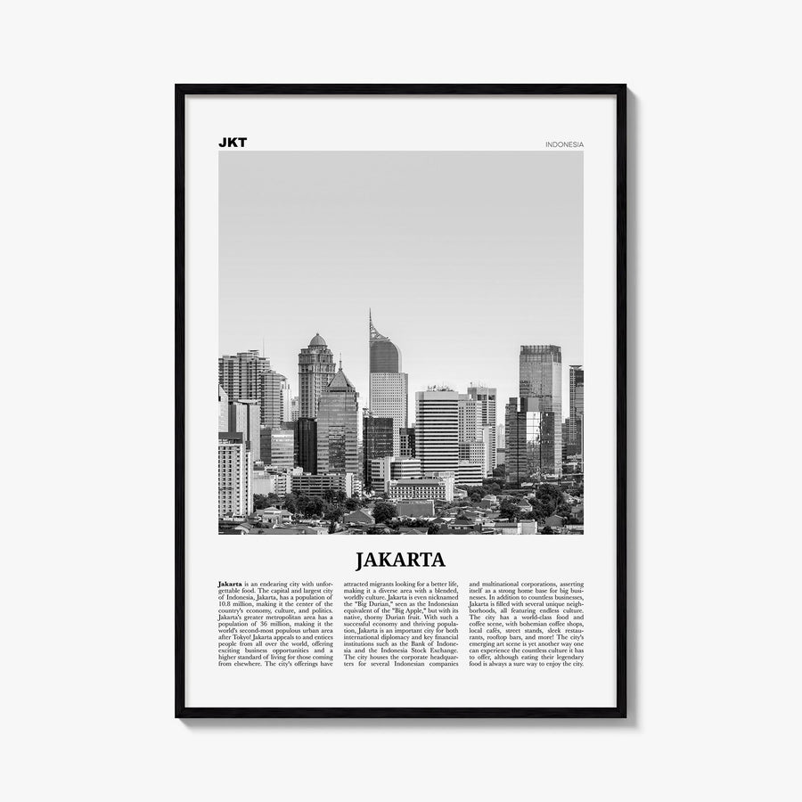Jakarta no. 2 black & white newspaper poster of Indonesia – vertical wall art, unframed print shown in interior mockup