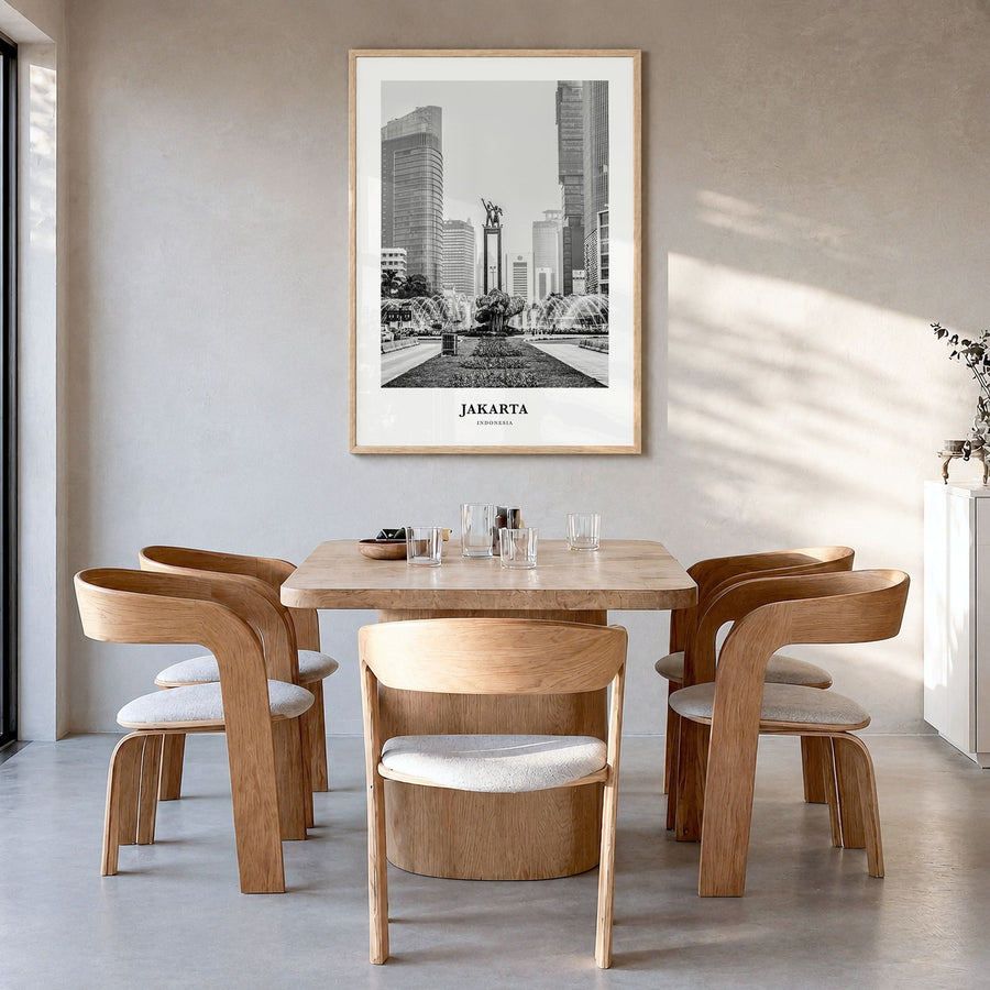 Jakarta Classic No 2 Poster in a natural wood frame, hanging in a dining room