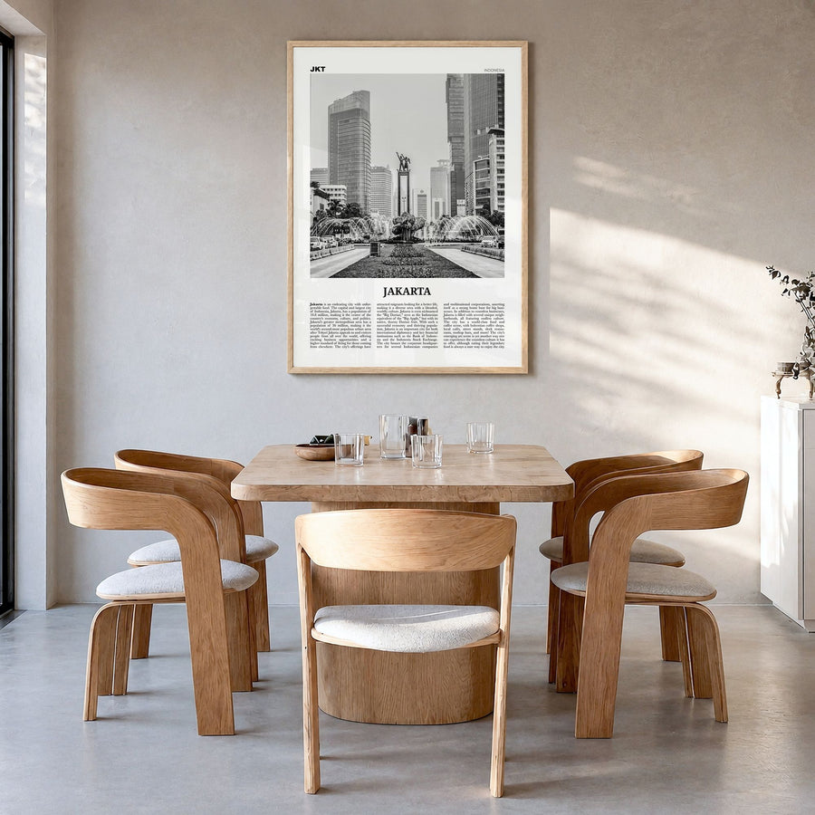 Jakarta Newspaper No 1 Poster in a natural wood frame, hanging in a dining room
