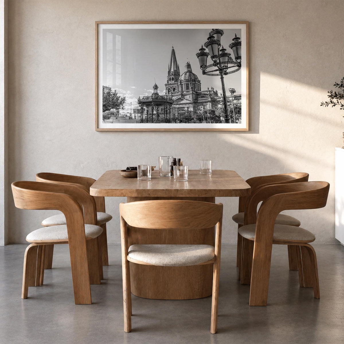 Jalisco black & white photo poster of Mexico – horizontal wall art in natural wood frame with white border, hanging on wall