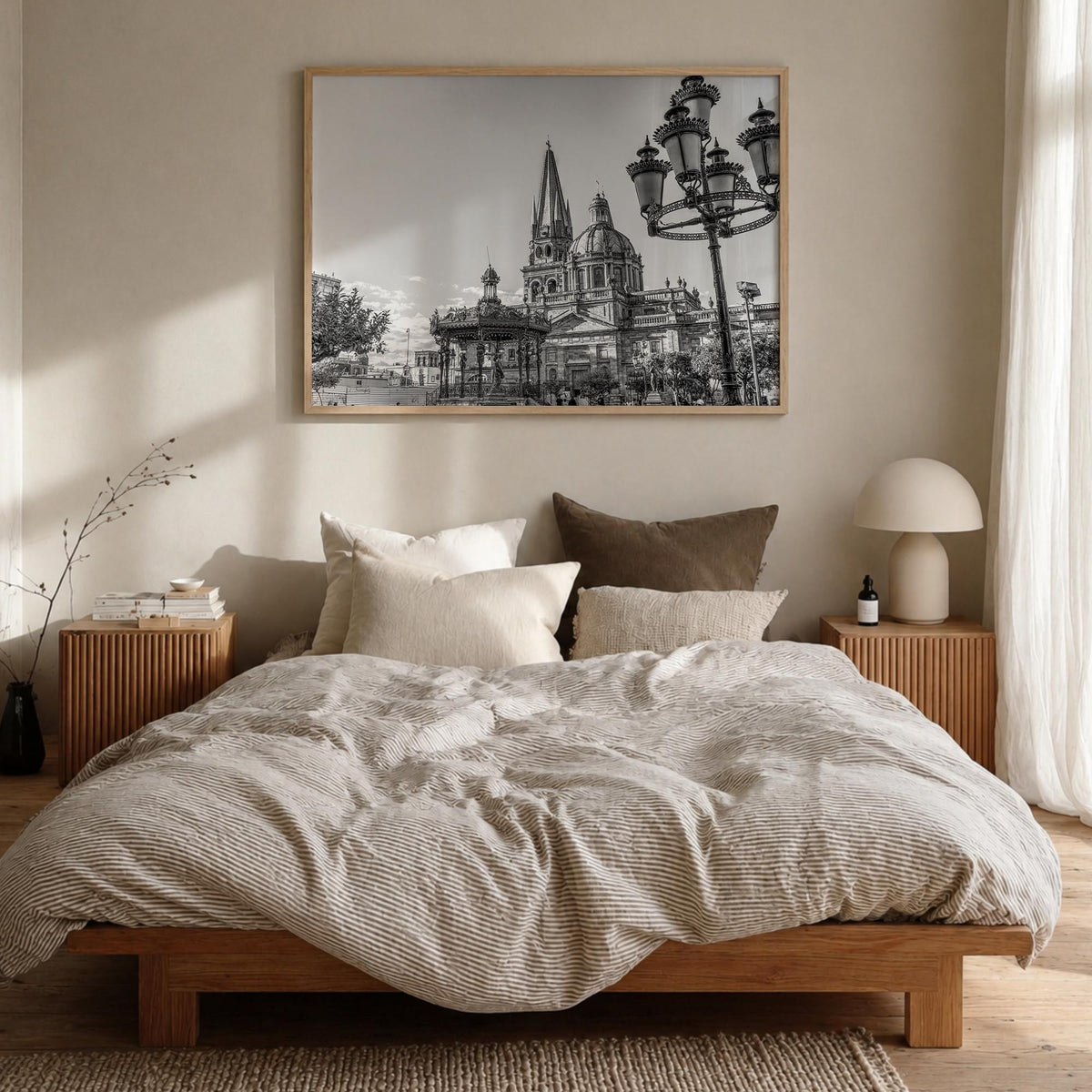 Jalisco black & white photo poster of Mexico – horizontal wall art in natural wood frame, hanging on wall