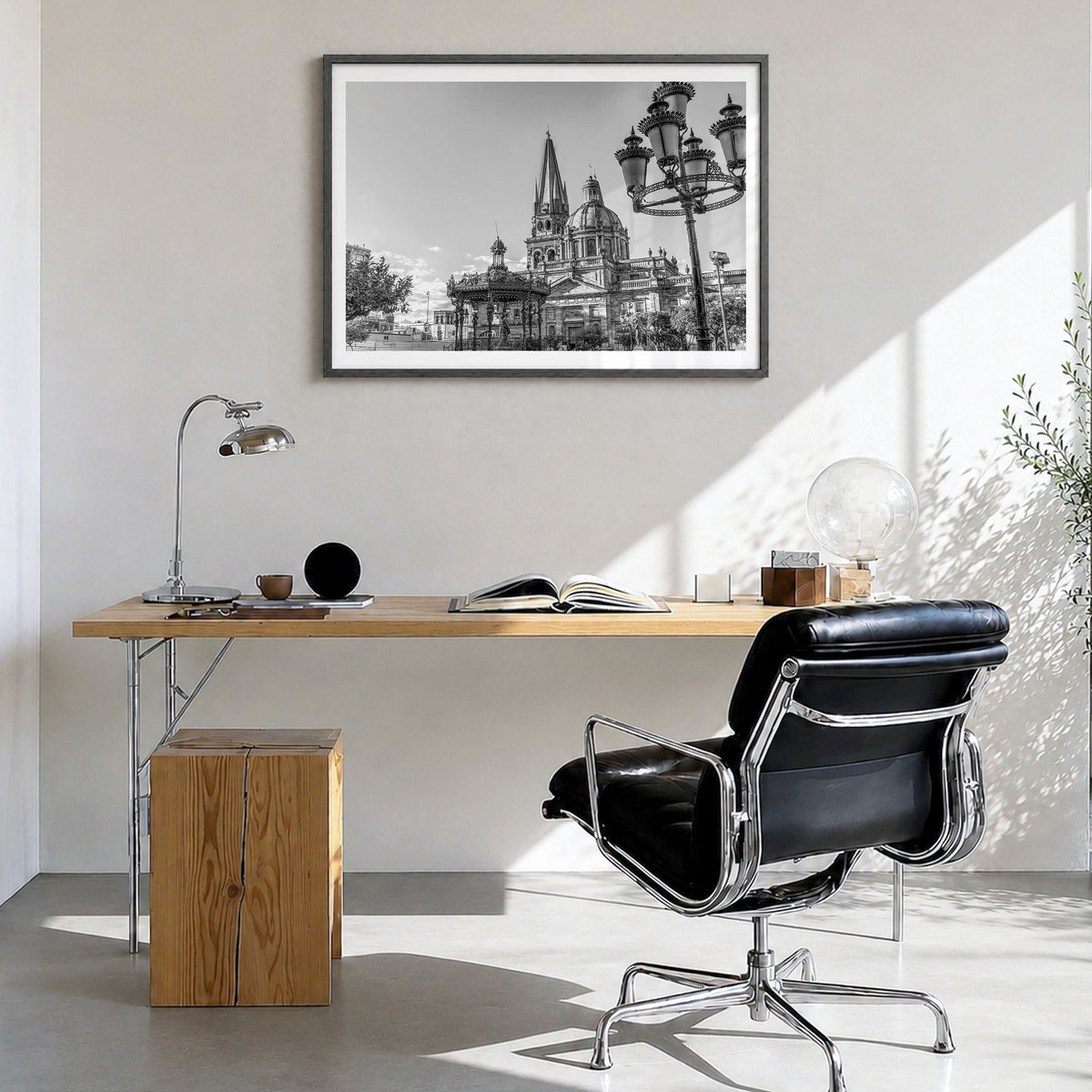 Jalisco Photo Poster in a black wood frame, hanging in a bright home office, white border