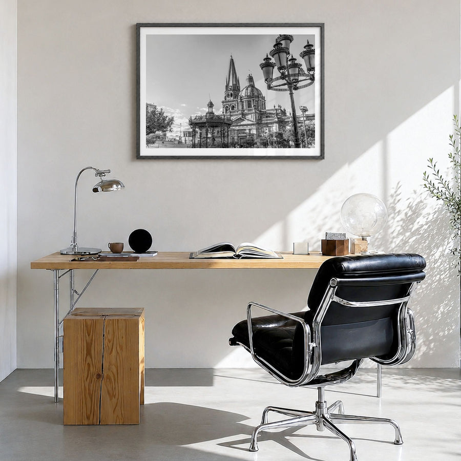 Jalisco Photo Poster in a black wood frame, hanging in a bright home office, white border