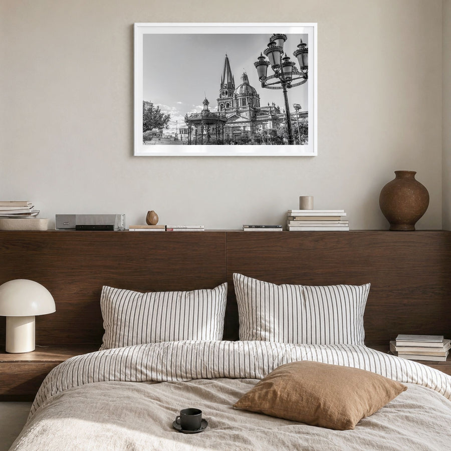 Jalisco Photo Poster in a white wood frame, hanging in a bedroom, white border
