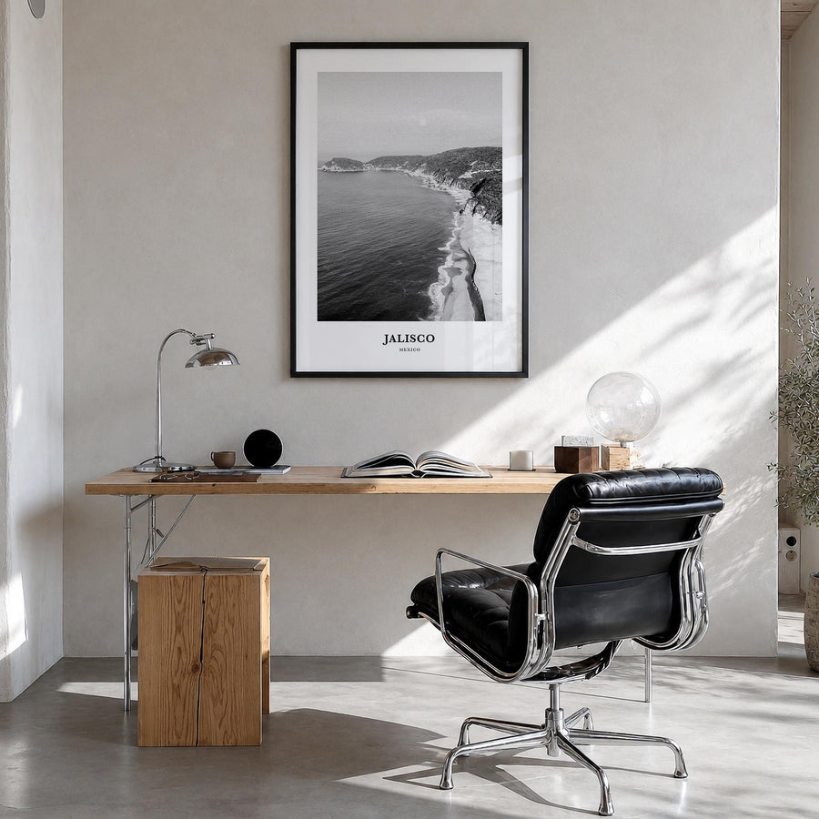 Jalisco no. 1 black & white classic poster of Mexico – vertical wall art in black wood frame, hanging on wall