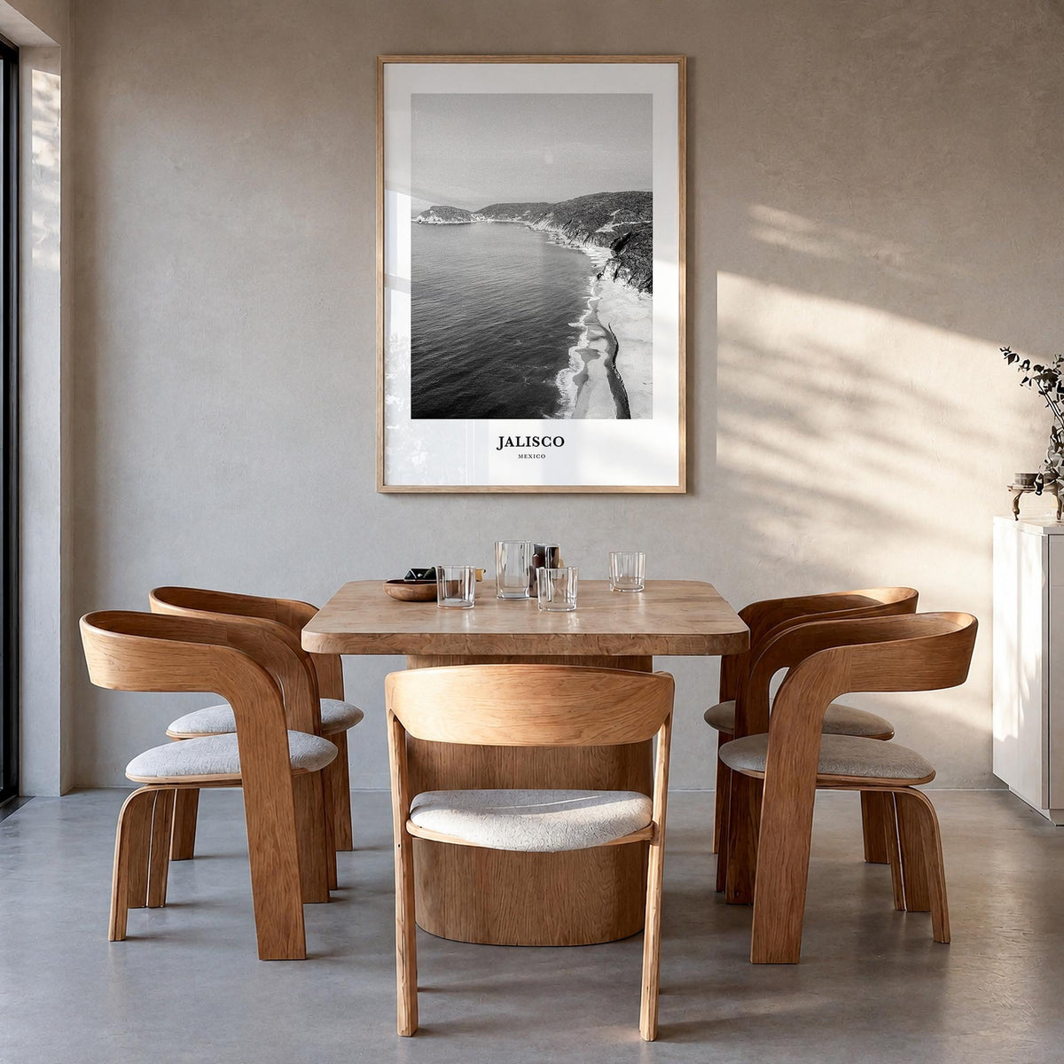 Jalisco no. 1 black & white classic poster of Mexico – vertical wall art in natural wood frame, hanging on wall