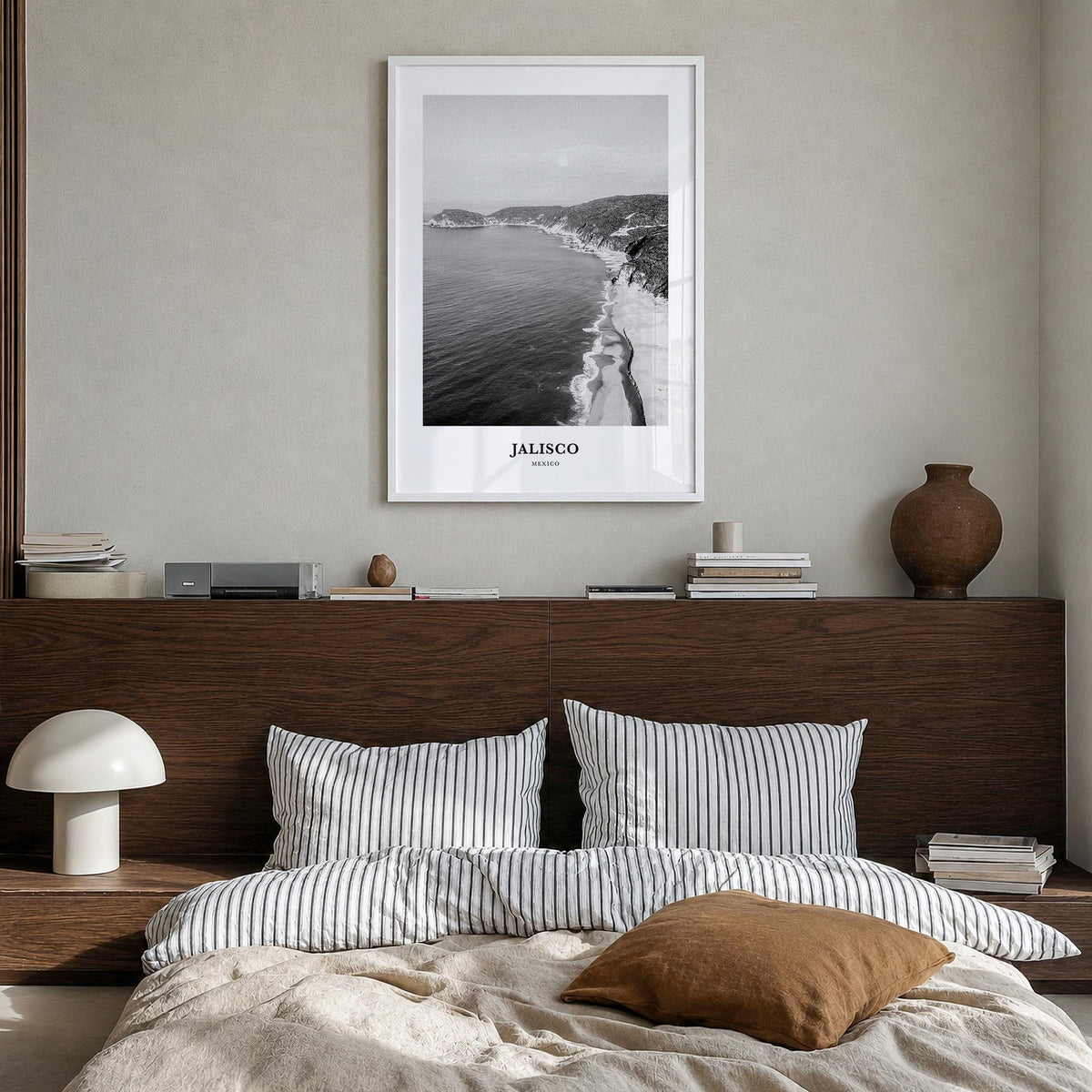 Jalisco no. 1 black & white classic poster of Mexico – vertical wall art in white wood frame, hanging on wall