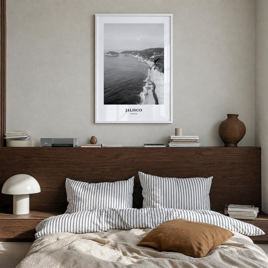 Jalisco no. 1 black & white classic poster of Mexico – vertical wall art in white wood frame, hanging on wall