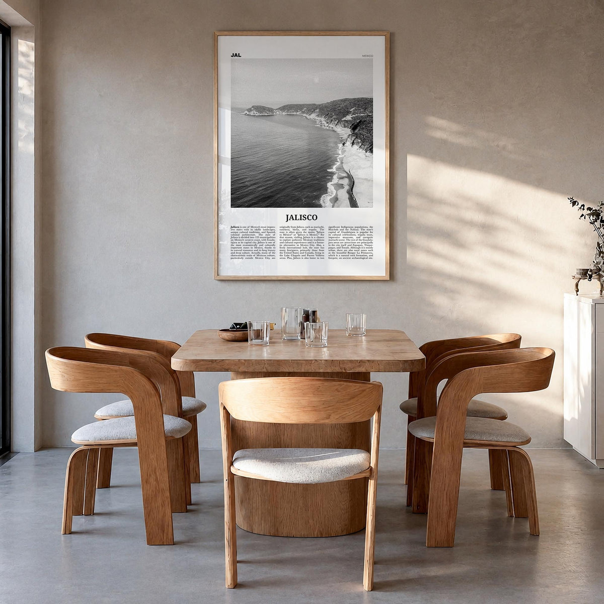 Jalisco no. 2 black & white newspaper poster of Mexico – vertical wall art in natural wood frame, hanging on wall
