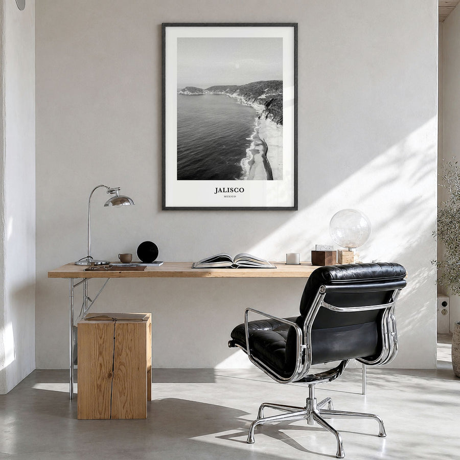 Jalisco Classic No 1 Poster in a black wood frame, hanging in a bright home office