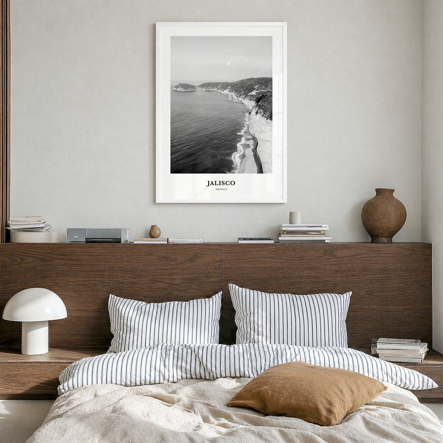 Jalisco Classic No 1 Poster in a white wood frame, hanging in a bedroom