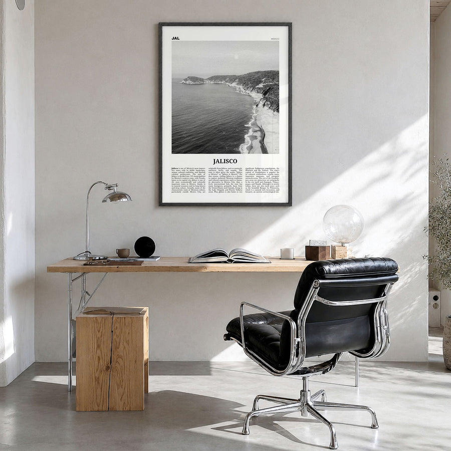 Jalisco Newspaper No 2 Poster in a black wood frame, hanging in a bright home office