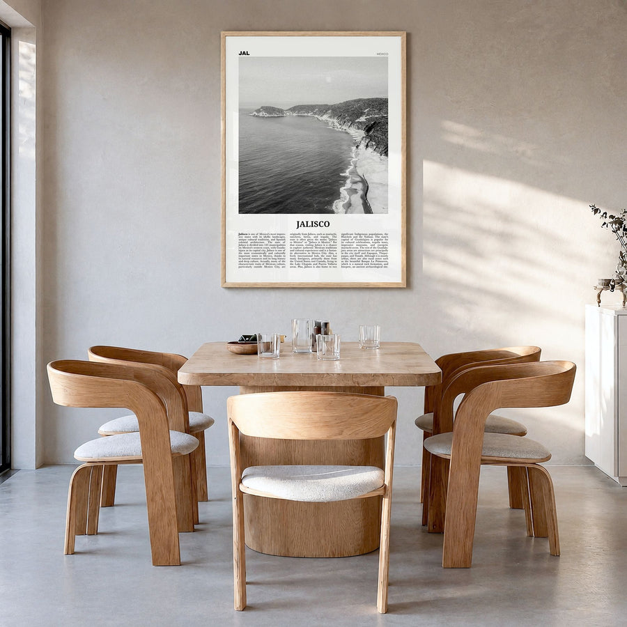 Jalisco Newspaper No 2 Poster in a natural wood frame, hanging in a dining room