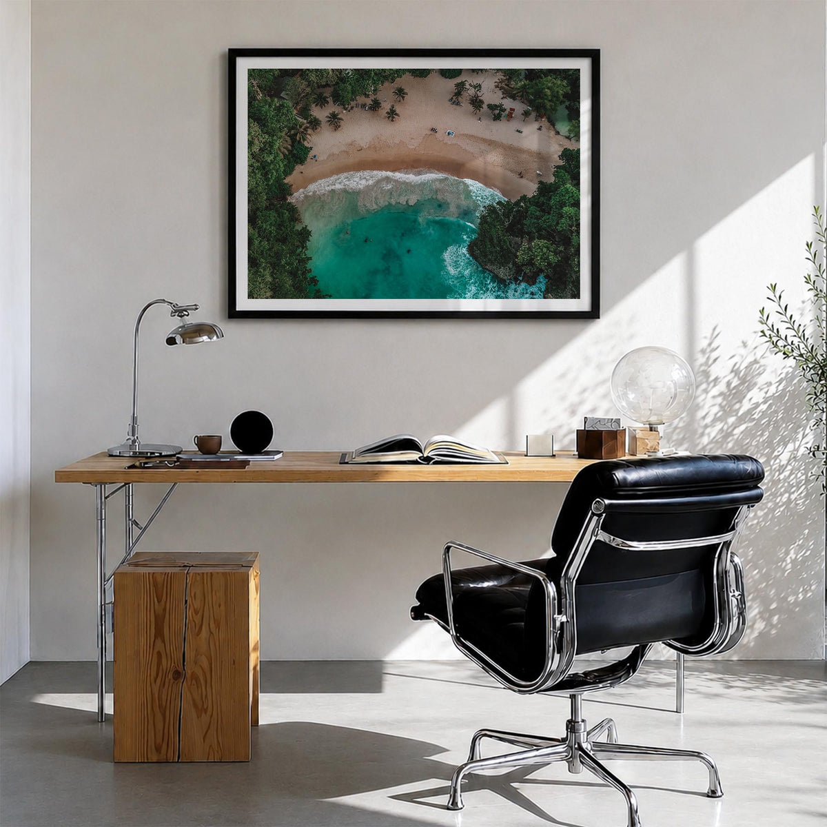 Jamaica colorful photo poster of Caribbean – horizontal wall art in black wood frame with white border, hanging on wall