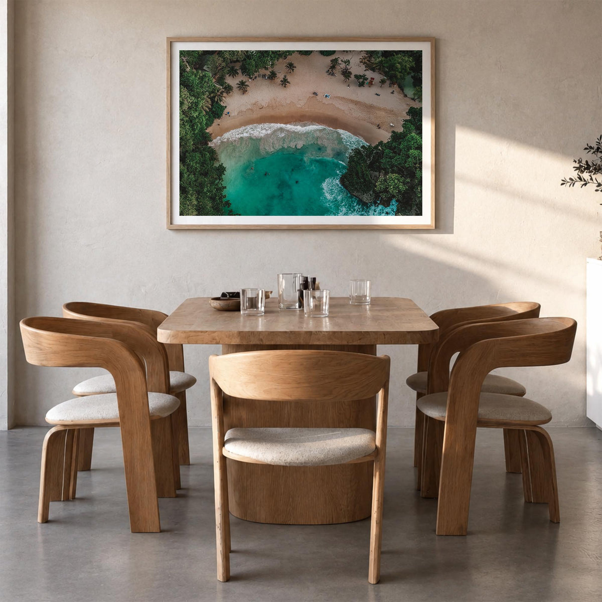 Jamaica colorful photo poster of Caribbean – horizontal wall art in natural wood frame with white border, hanging on wall