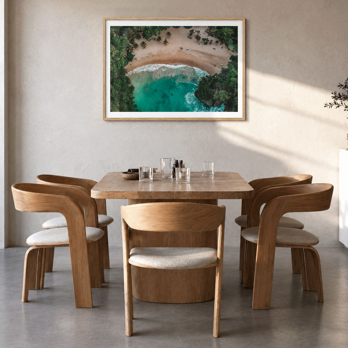 Jamaica Photo Poster in a natural wood frame, hanging in a dining room, white border