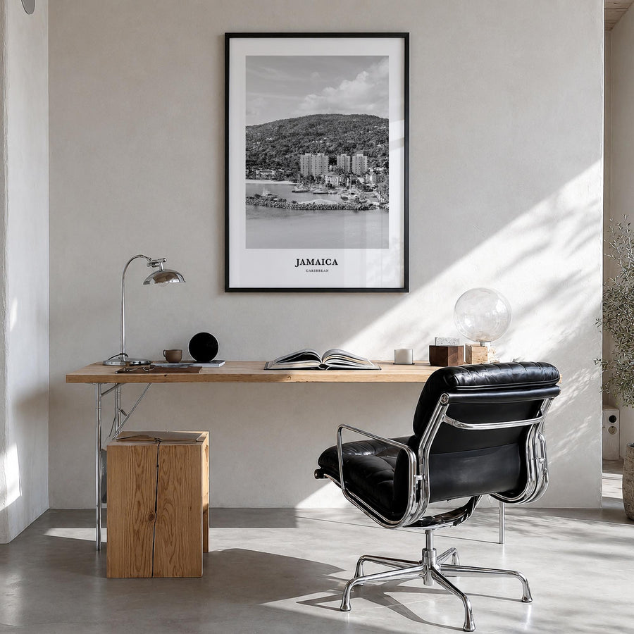 Jamaica no. 1 black & white classic poster of Caribbean – vertical wall art in black wood frame, hanging on wall