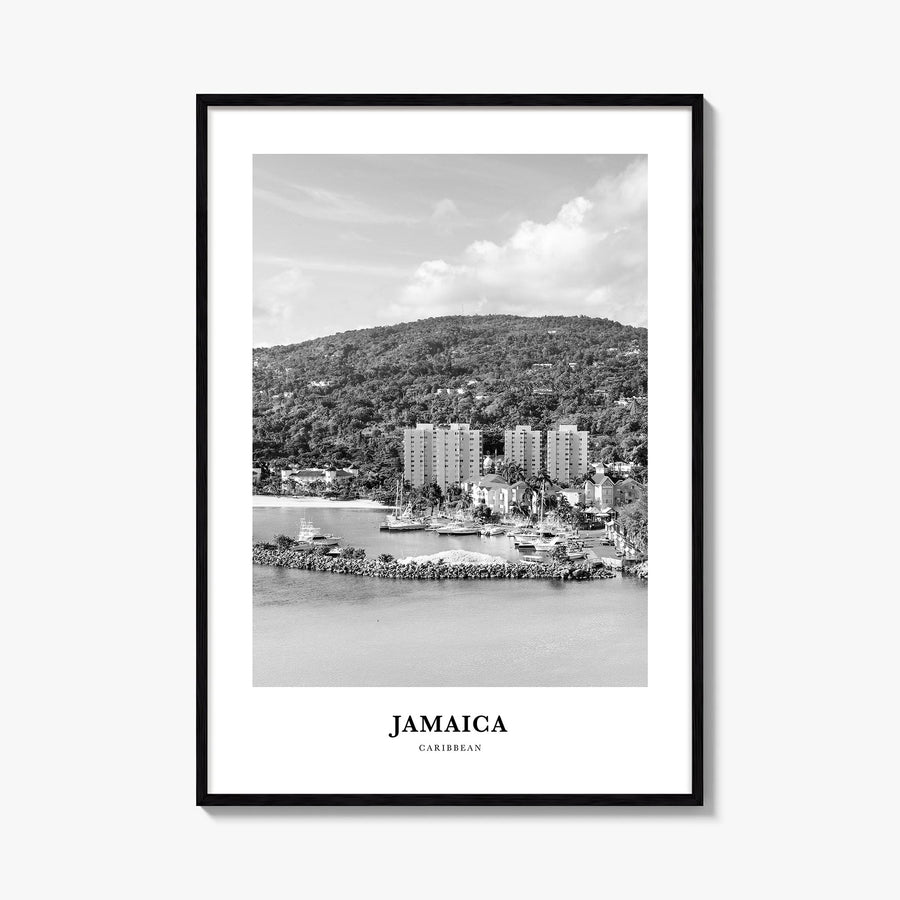 Jamaica no. 1 black & white classic poster of Caribbean – vertical wall art, unframed print shown in interior mockup