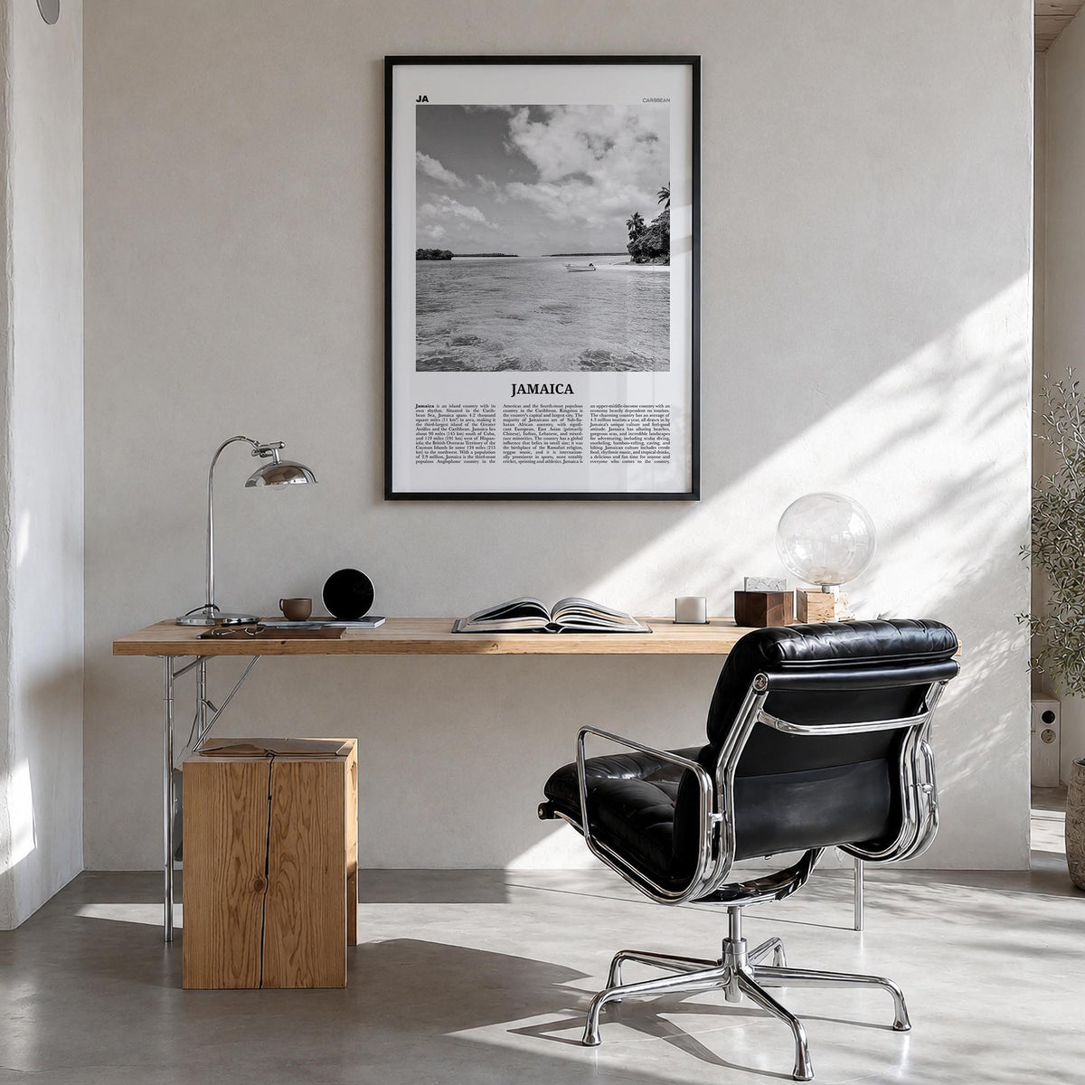 Jamaica no. 1 black & white newspaper poster of Caribbean – vertical wall art in black wood frame, hanging on wall