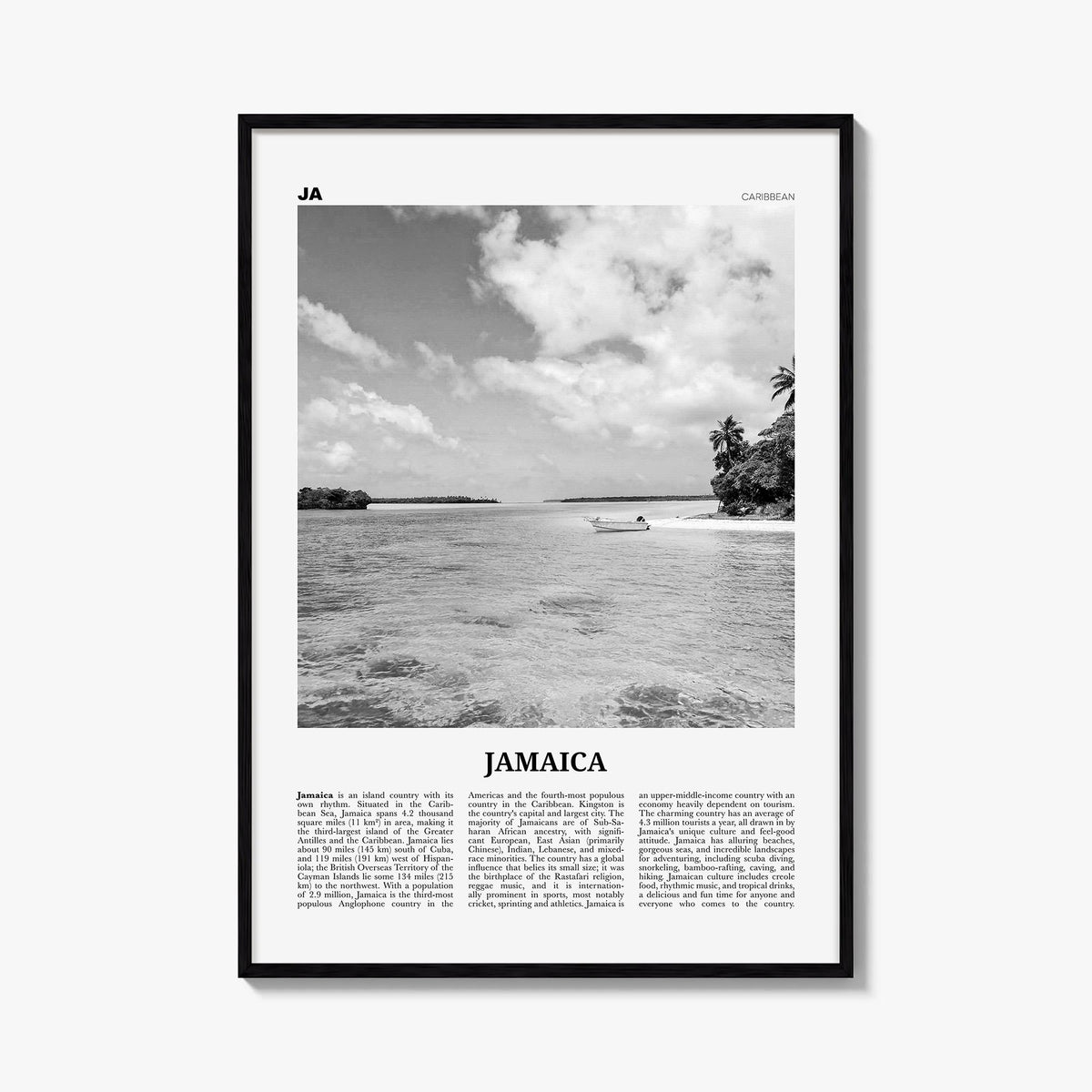 Jamaica no. 1 black & white newspaper poster of Caribbean – vertical wall art, unframed print shown in interior mockup