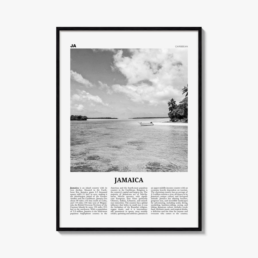 Jamaica no. 1 black & white newspaper poster of Caribbean – vertical wall art, unframed print shown in interior mockup