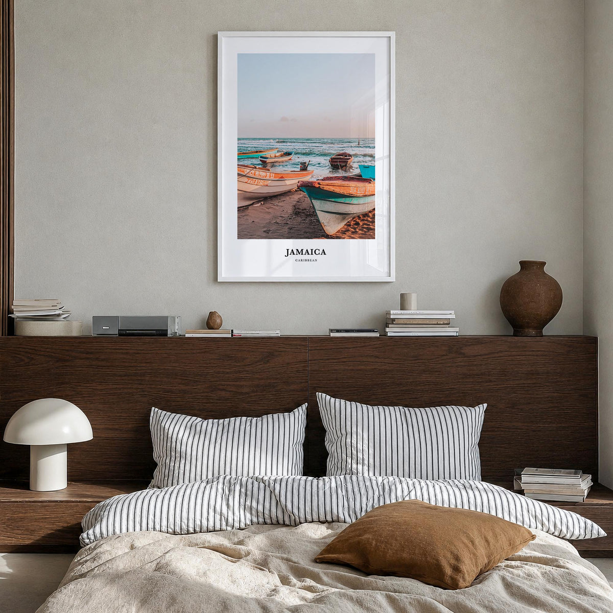 Jamaica no. 1 colorful classic poster of Caribbean – vertical wall art in white wood frame, hanging on wall