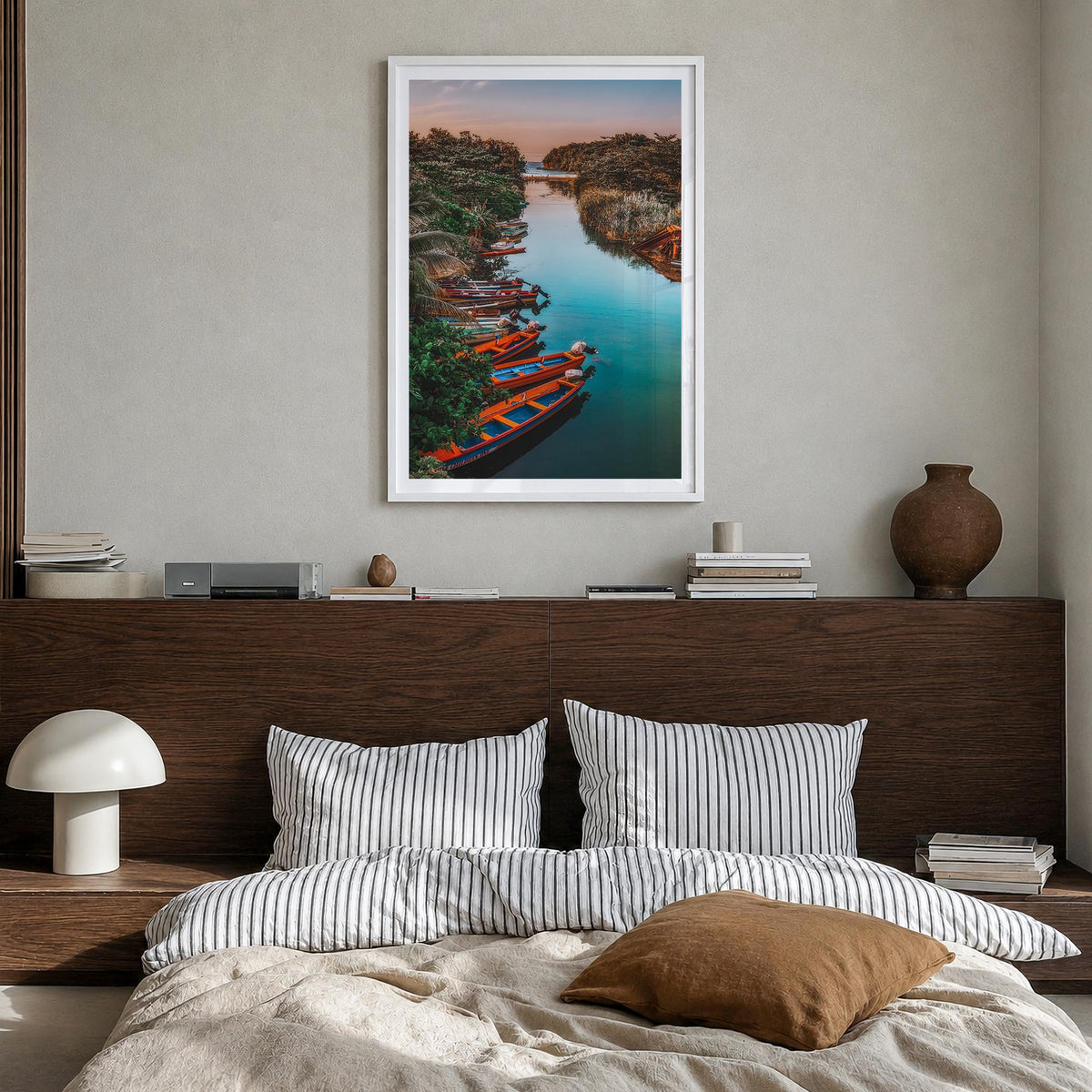 Jamaica no. 1 colorful photo poster of Caribbean – vertical wall art in white wood frame with white border, hanging on wall