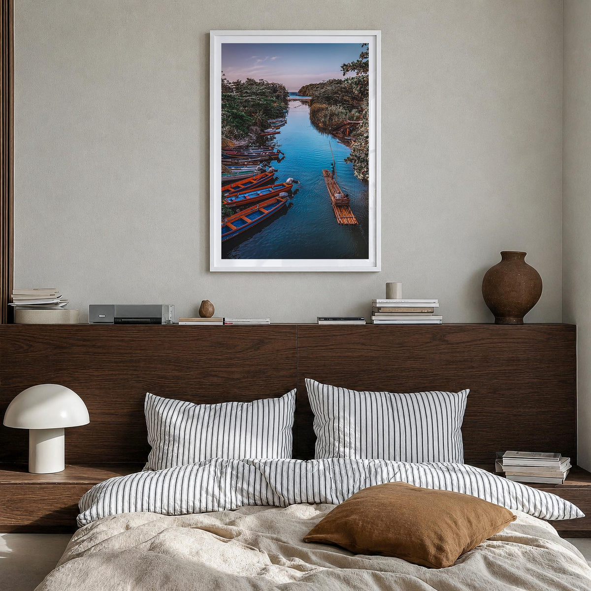 Jamaica no. 2 colorful photo poster of Caribbean – vertical wall art in white wood frame with white border, hanging on wall