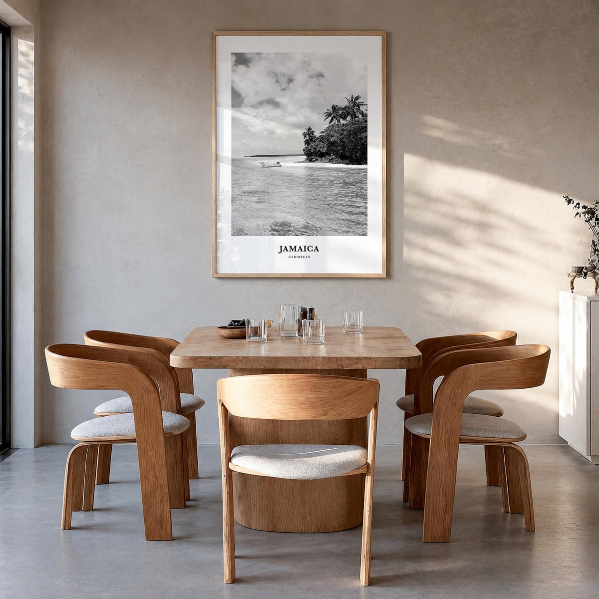 Jamaica no. 3 black & white classic poster of Caribbean – vertical wall art in natural wood frame, hanging on wall