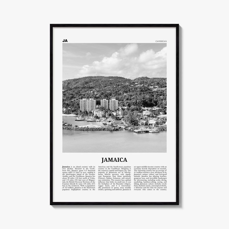 Jamaica no. 3 black & white newspaper poster of Caribbean – vertical wall art, unframed print shown in interior mockup