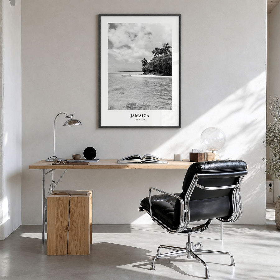 Jamaica Classic No 3 Poster in a black wood frame, hanging in a bright home office