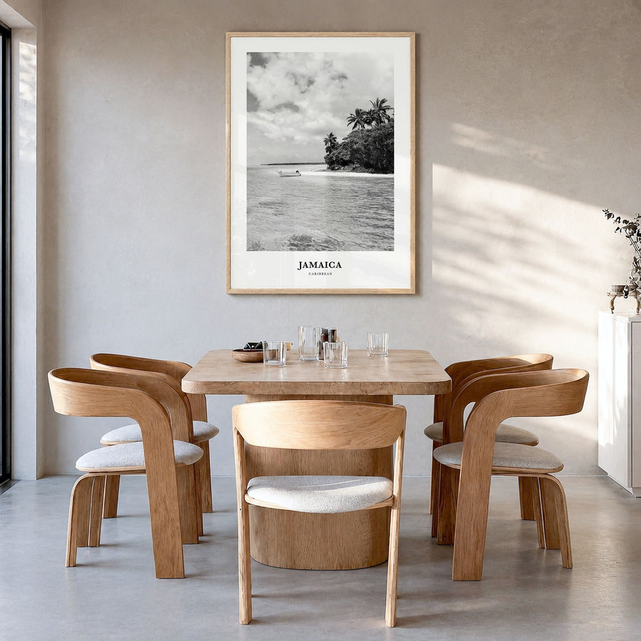 Jamaica Classic No 3 Poster in a natural wood frame, hanging in a dining room
