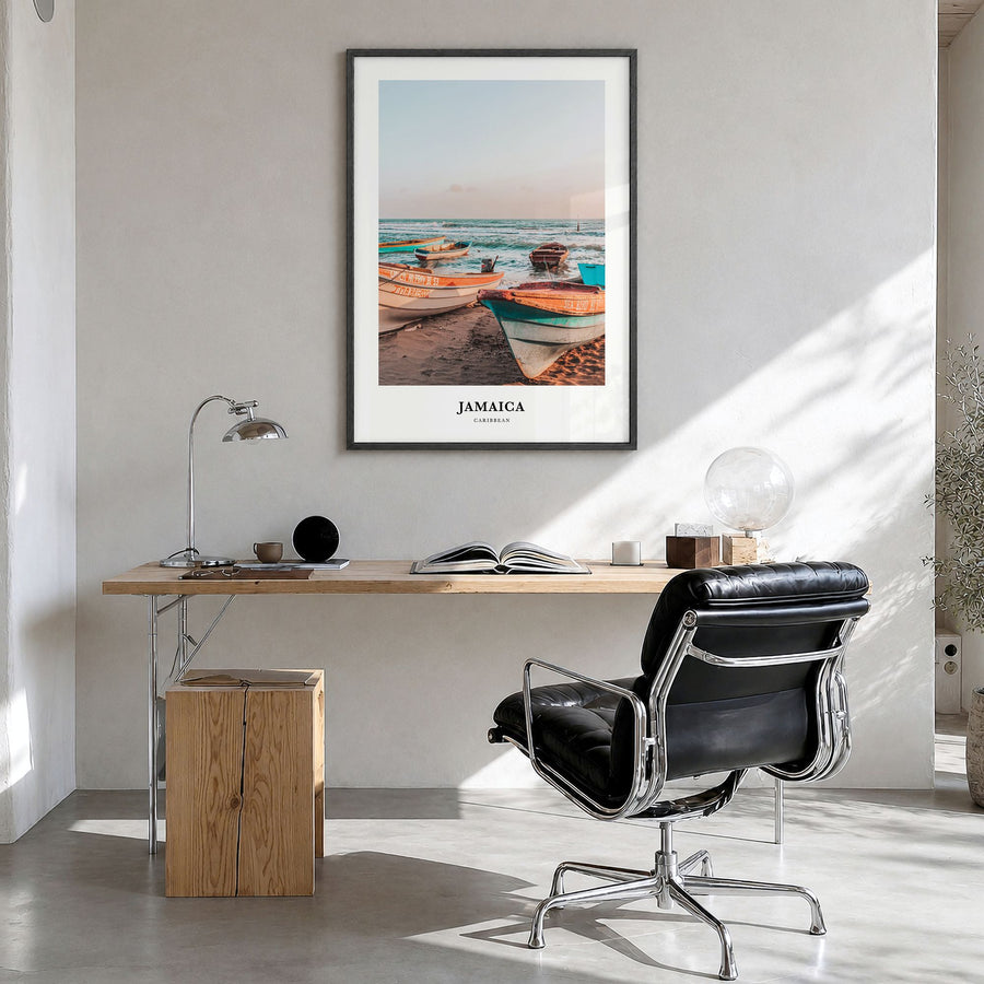 Jamaica Classic No 1 Poster in a black wood frame, hanging in a bright home office