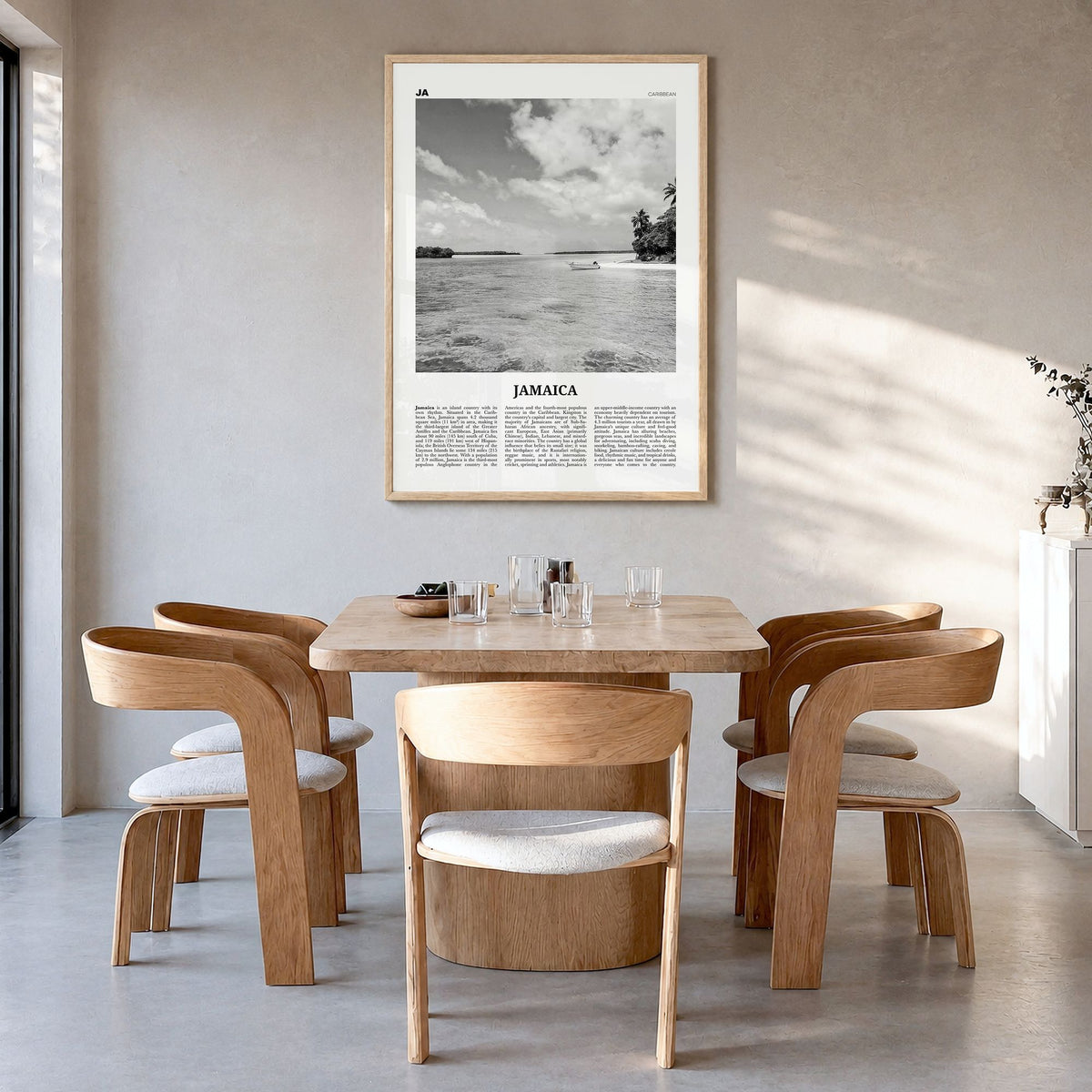 Jamaica Newspaper No 1 Poster in a natural wood frame, hanging in a dining room