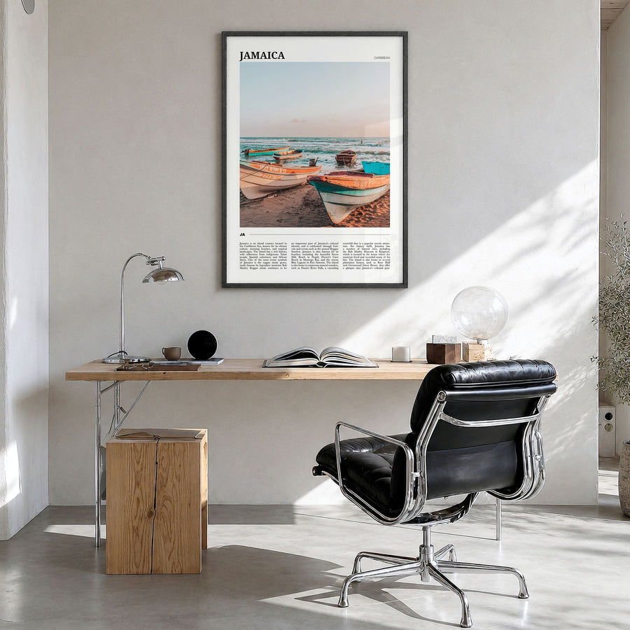 Jamaica Travel No 1 Poster in a black wood frame, hanging in a bright home office