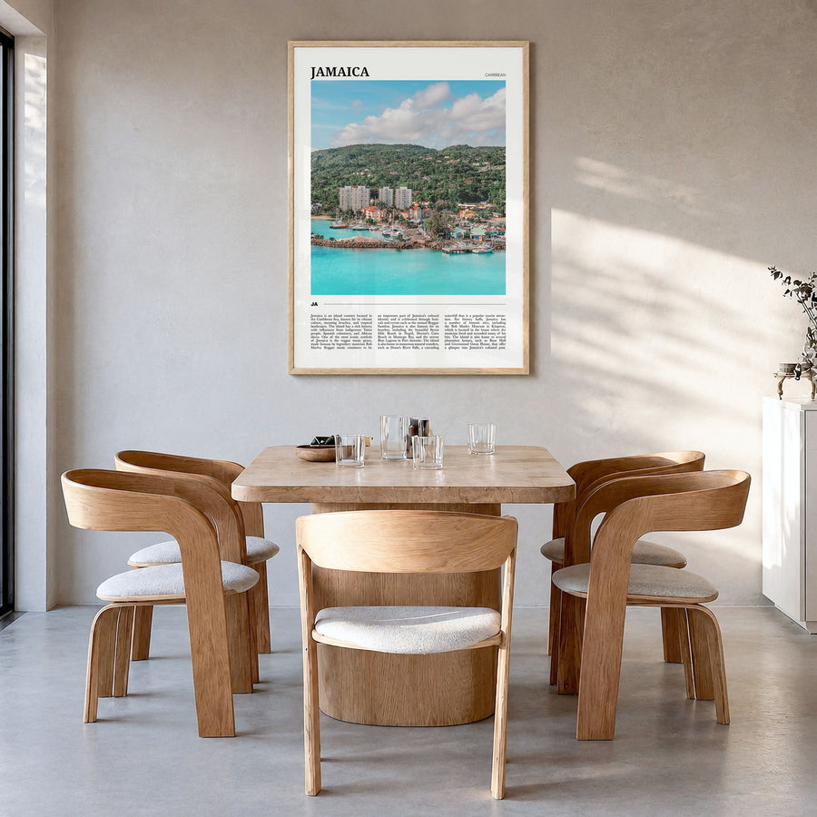 Jamaica Travel No 2 Poster in a natural wood frame, hanging in a dining room