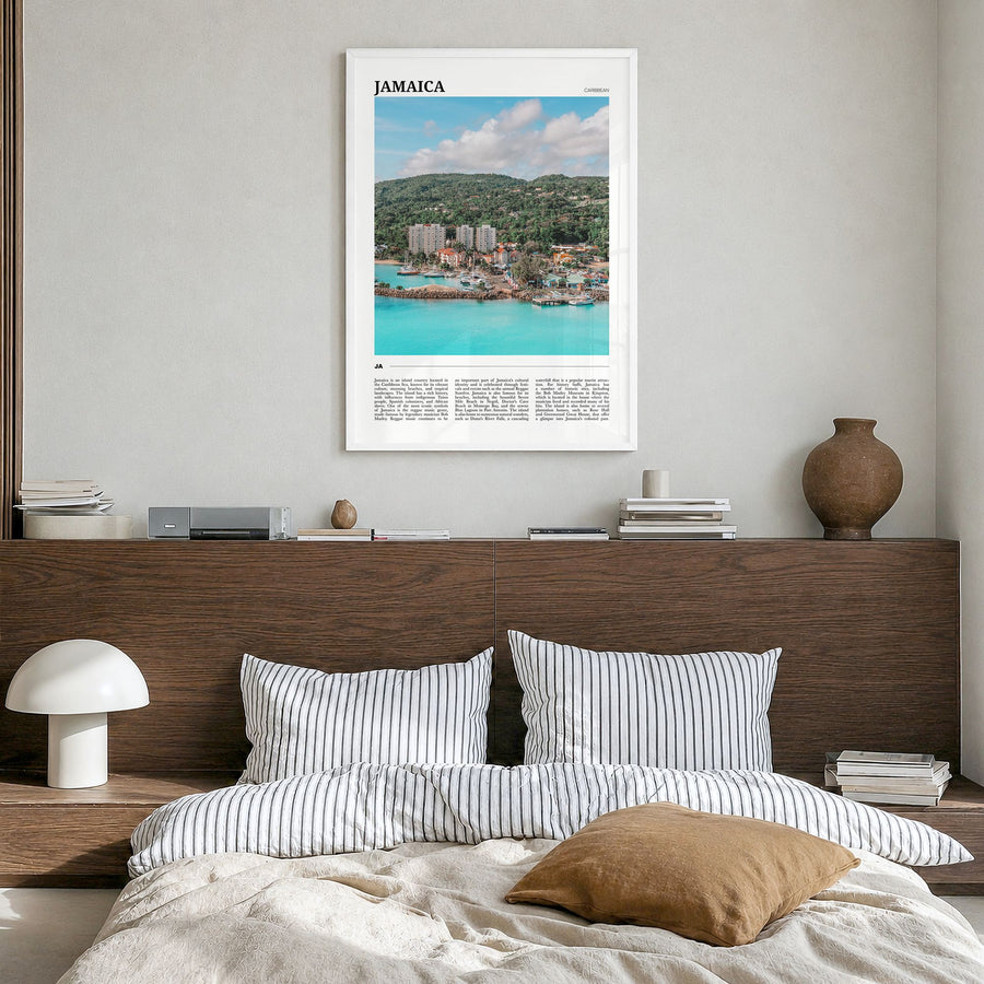 Jamaica Travel No 2 Poster in a white wood frame, hanging in a bedroom