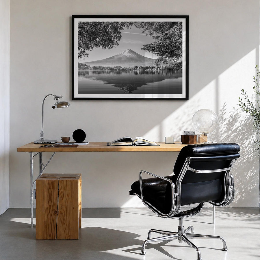 Japan black & white photo poster of Asia – horizontal wall art in black wood frame with white border, hanging on wall