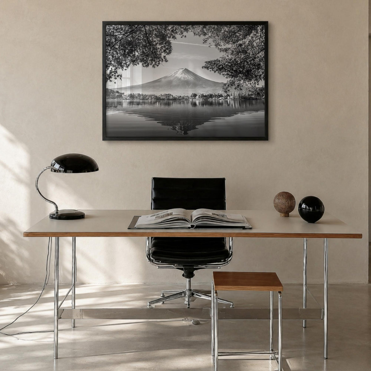Japan black & white photo poster of Asia – horizontal wall art in black wood frame, hanging on wall