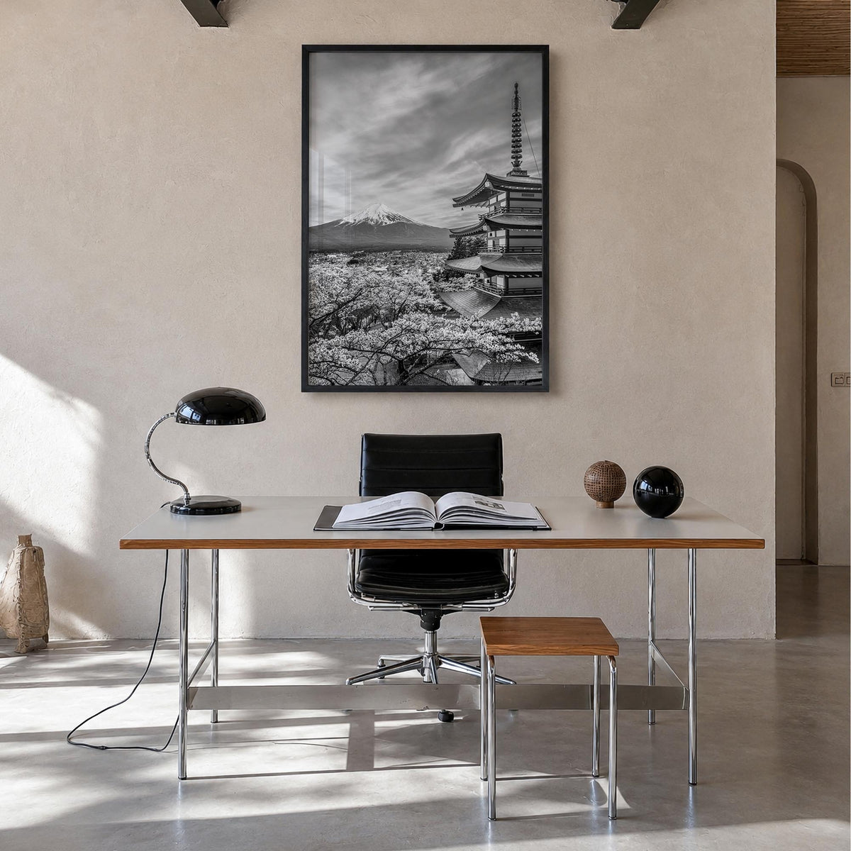 Japan black & white photo poster of Asia – vertical wall art in black wood frame, hanging on wall
