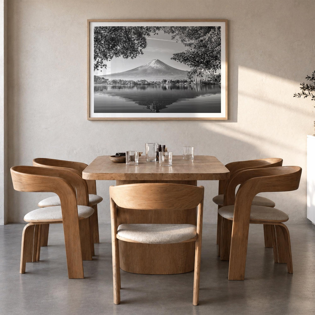 Japan black & white photo poster of Asia – horizontal wall art in natural wood frame with white border, hanging on wall