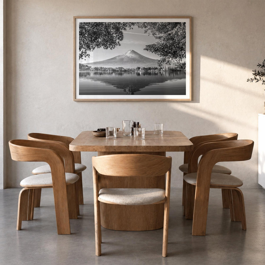 Japan black & white photo poster of Asia – horizontal wall art in natural wood frame with white border, hanging on wall
