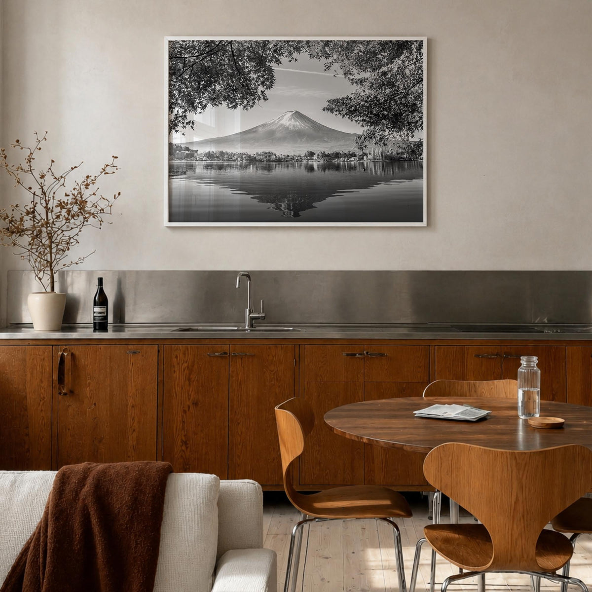 Japan black & white photo poster of Asia – horizontal wall art in white wood frame, hanging on wall