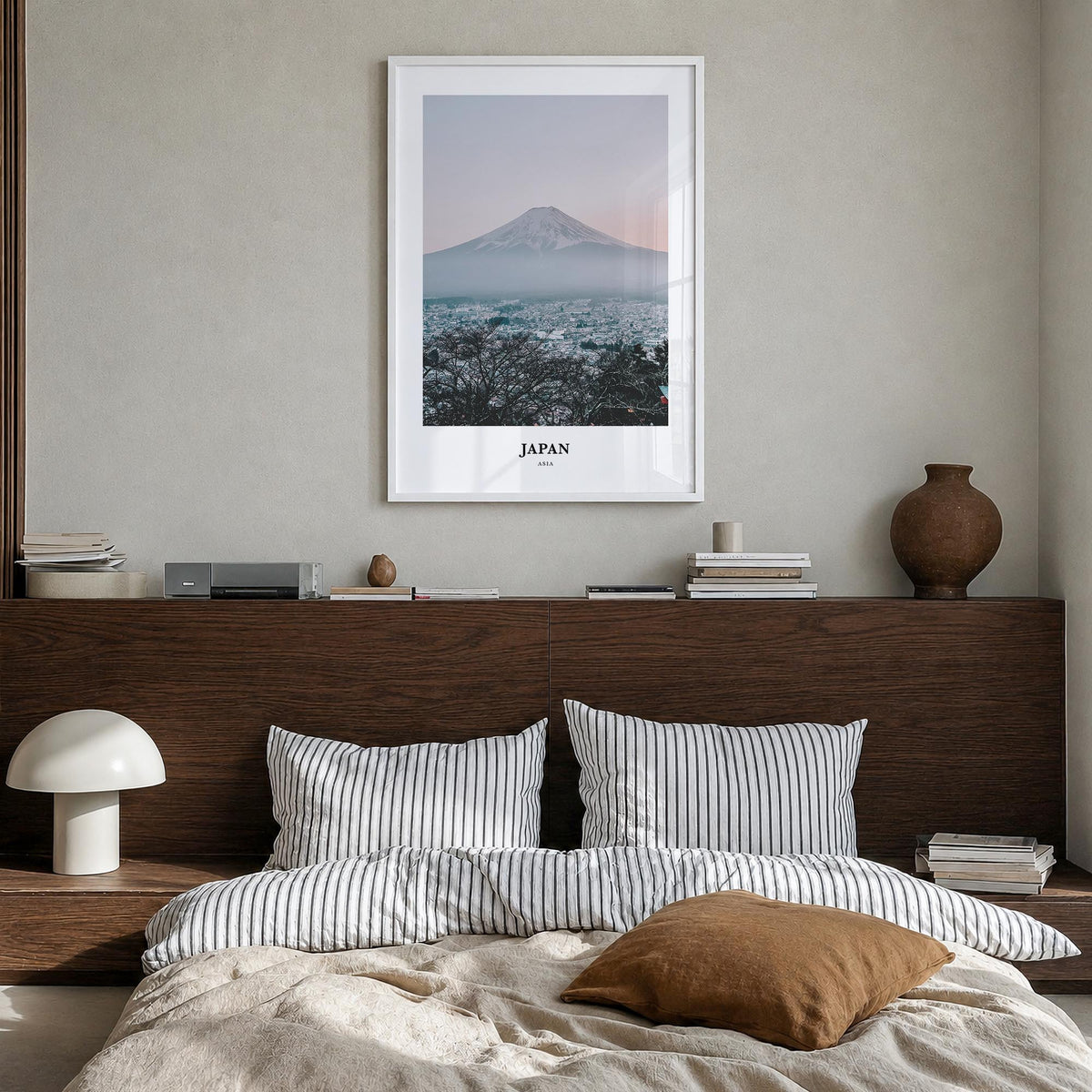 Japan colorful classic poster of Asia – vertical wall art in white wood frame, hanging on wall