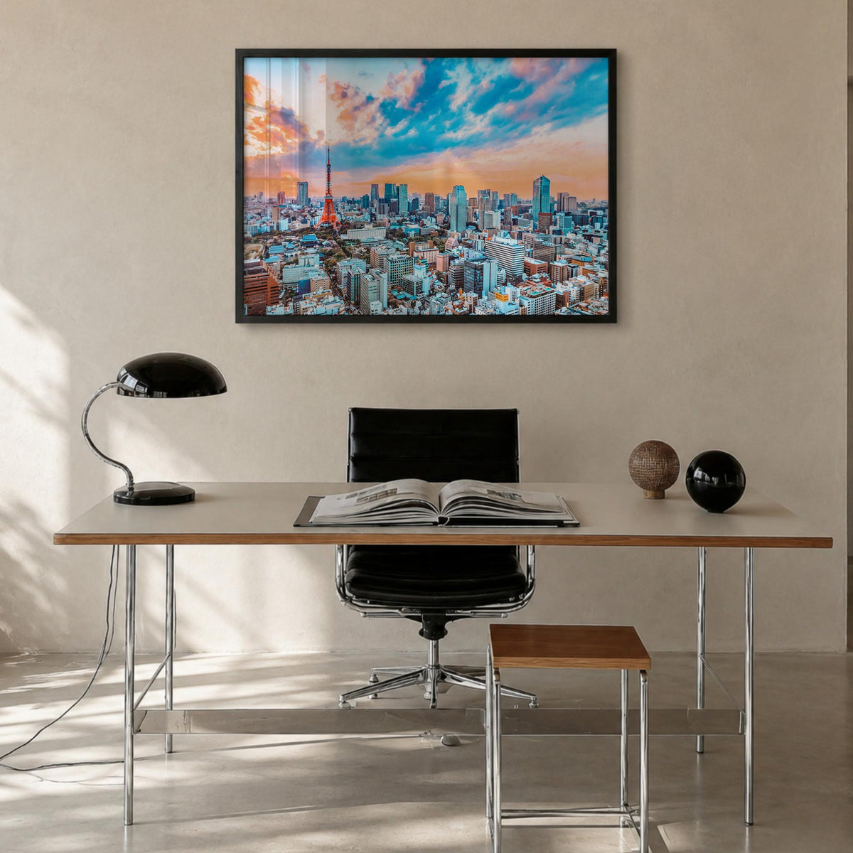 Japan colorful photo poster of Asia – horizontal wall art in black wood frame, hanging on wall