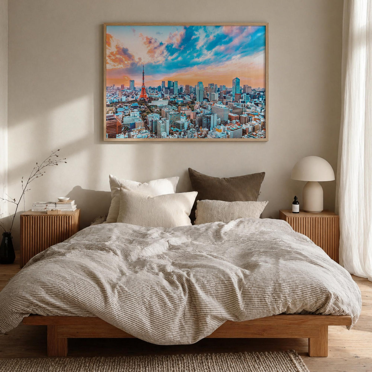 Japan colorful photo poster of Asia – horizontal wall art in natural wood frame, hanging on wall