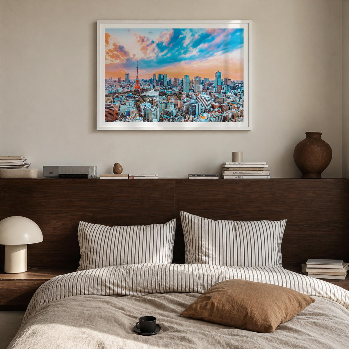Japan colorful photo poster of Asia – horizontal wall art in white wood frame with white border, hanging on wall